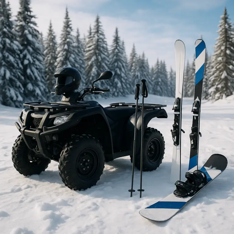 ATV, Ski, poles and snowboard on the snow
