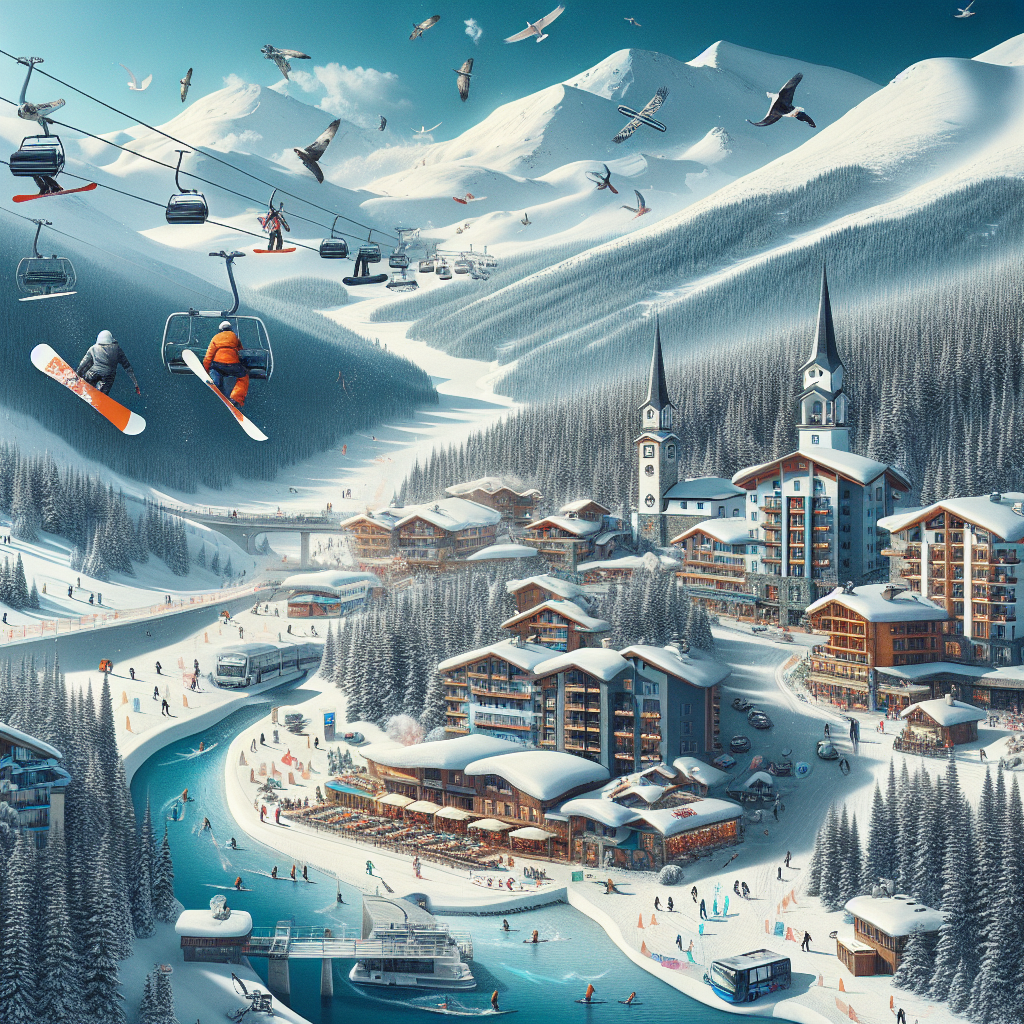 Сноубордист кара по писта в Банско със заснежени планини на заден план