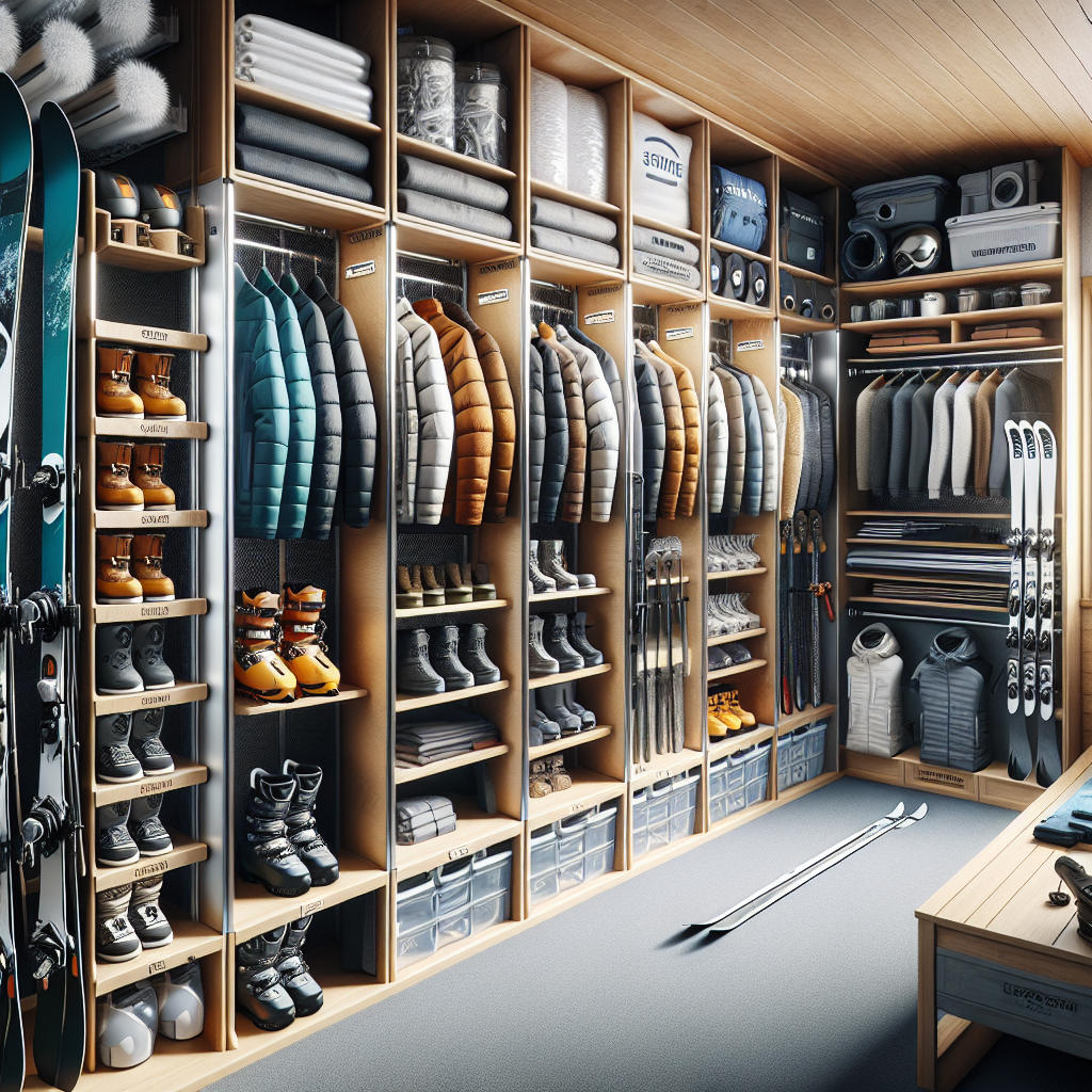 Well-organized ски гардероб with skis, boots, and jackets neatly stored