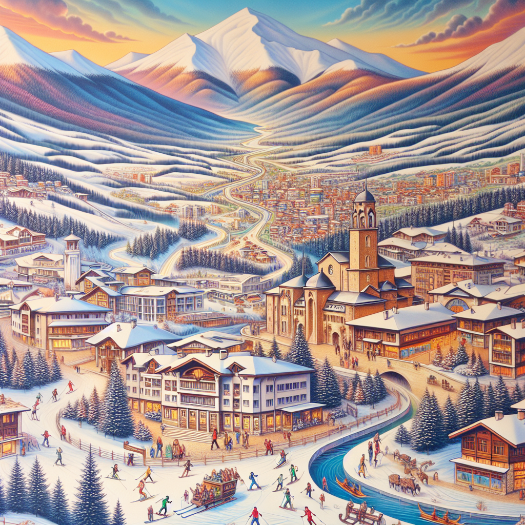 Панорамна гледка към Банско – зимен курорт с планински склонове и ски писти