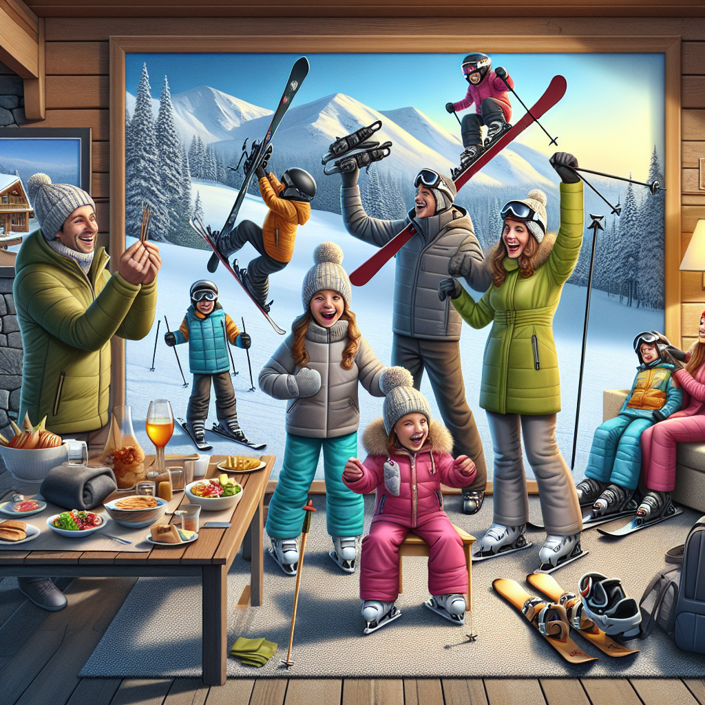 Семейство с малки деца се наслаждава на ски ваканция в планината, използвайки полезни съвети за родители