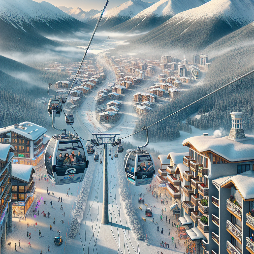 Bansko gondola cable car ascending over snowy alpine terrain with panoramic views