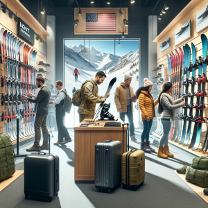 Ski rental equipment including skis, boots, and poles arranged in a shop