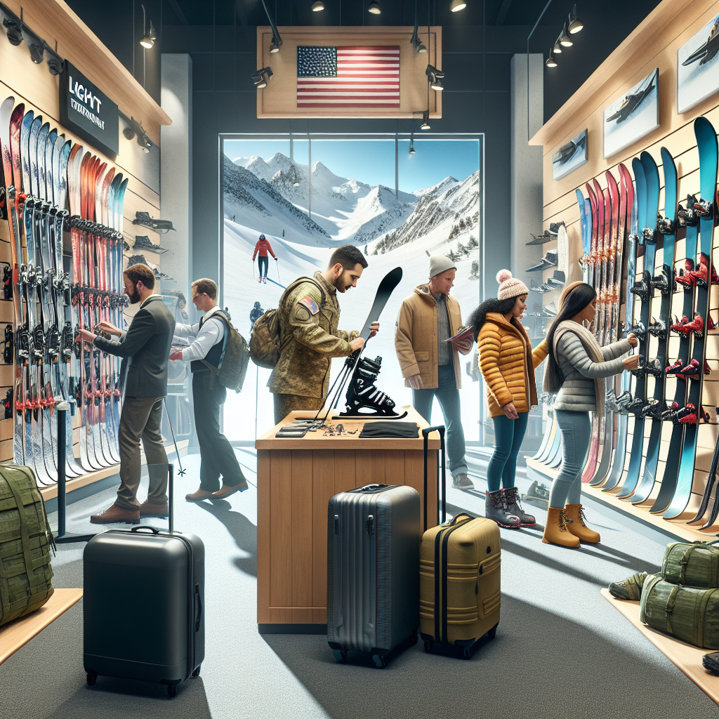Ski rental equipment including skis, boots, and poles arranged in a shop