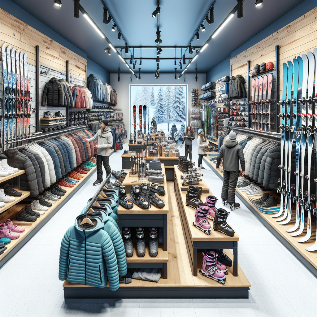 Indoor view of a ski shop with skis, snowboards, and winter gear displayed