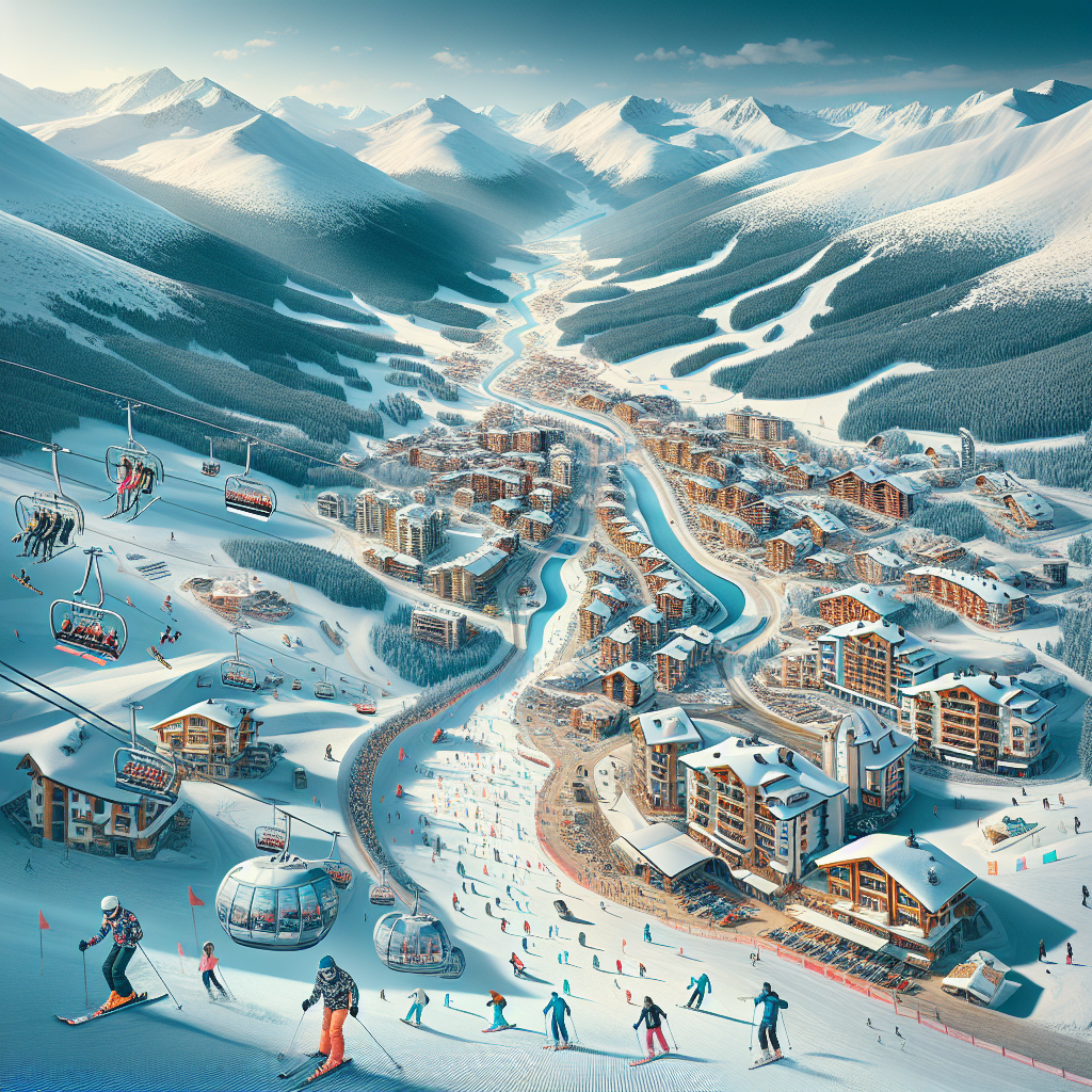 Писти Банско с красиви снежни планински пейзажи и скиори на склоновете