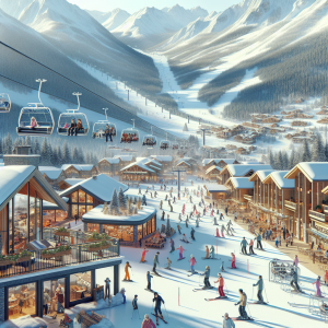 Панорамный вид на ски курорт с заснеженными горными склонами и лыжниками