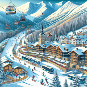 Snow-covered slopes and ski lifts at Bansko Ski resort in Bulgaria