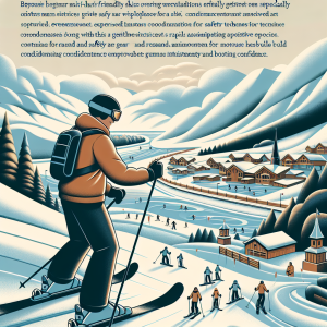 Начинаещ скиор кара по широка и лесна ски писта за начинаещи в планински курорт