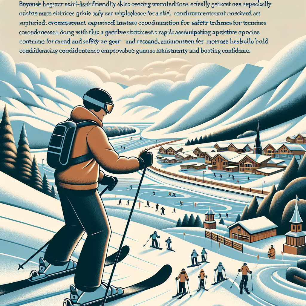 Начинаещ скиор кара по широка и лесна ски писта за начинаещи в планински курорт