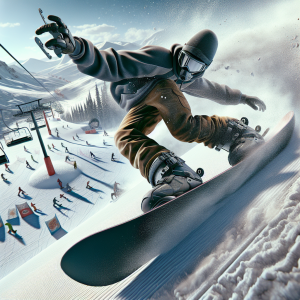 Snow board rider performing a jump on a snowy mountain slope
