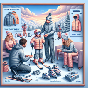 Дете, което се подготвя за първите си уроци по ски с подходящо оборудване и подкрепа