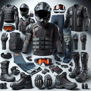 Комплект защитни аксесоари за каране на ATV включва каска, очила, ръкавици и защитно облекло