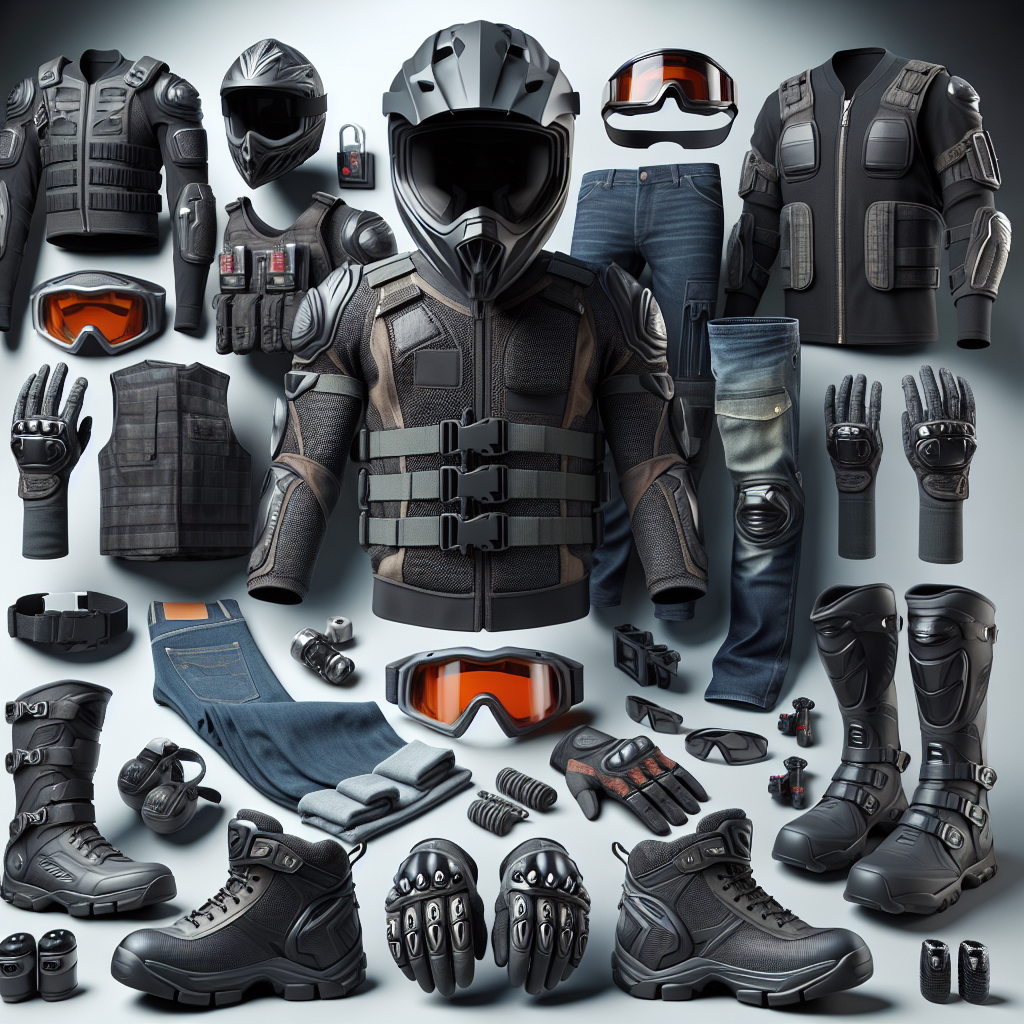 Комплект защитни аксесоари за каране на ATV включва каска, очила, ръкавици и защитно облекло