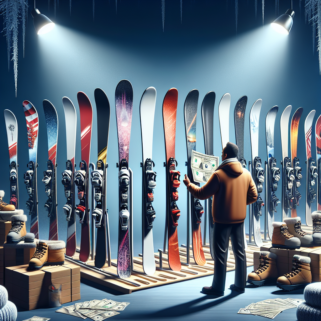 Ски втора ръка подредени в магазин за зимно оборудване