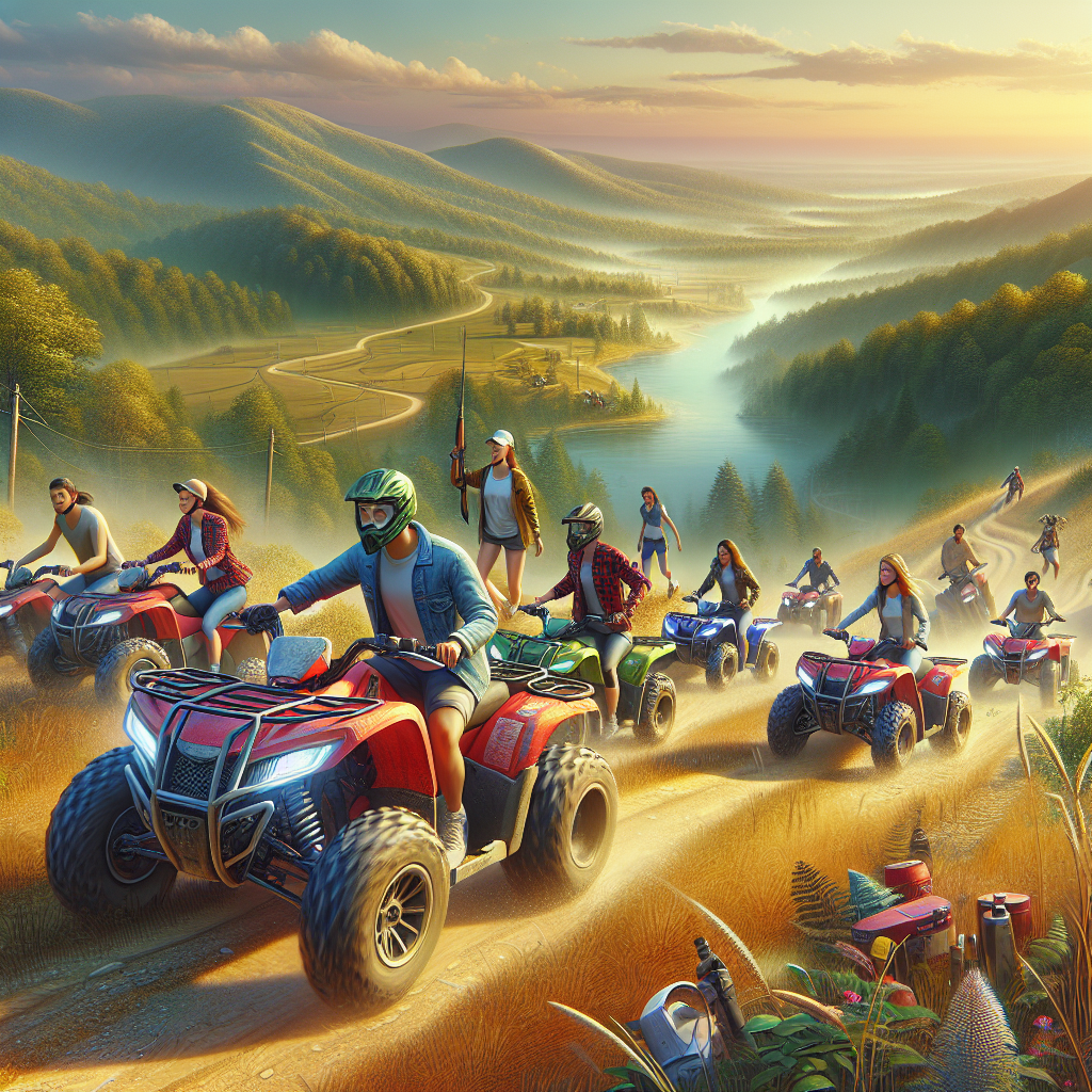 Група приятели, каращи ATV по планински пътеки през зелена природа