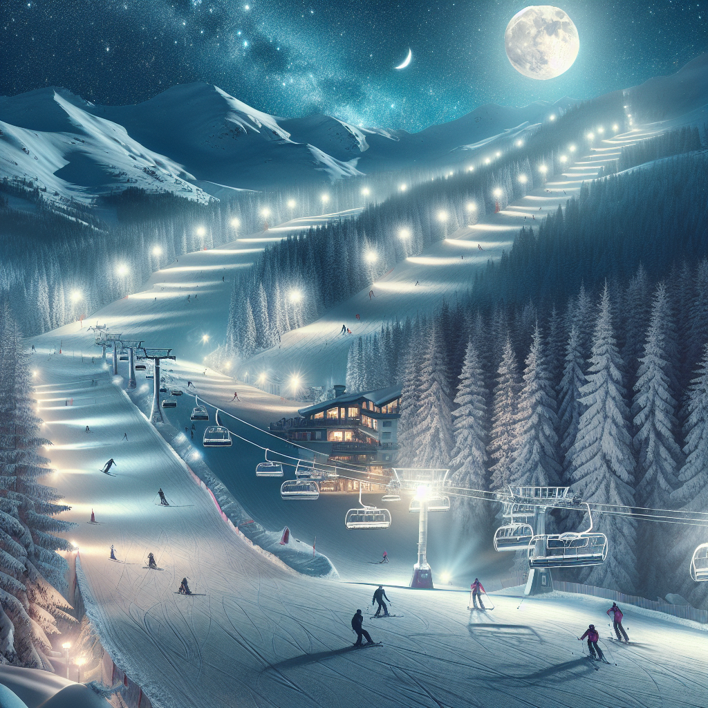 Нощно каране на ски на осветена писта в Банско с планински пейзаж