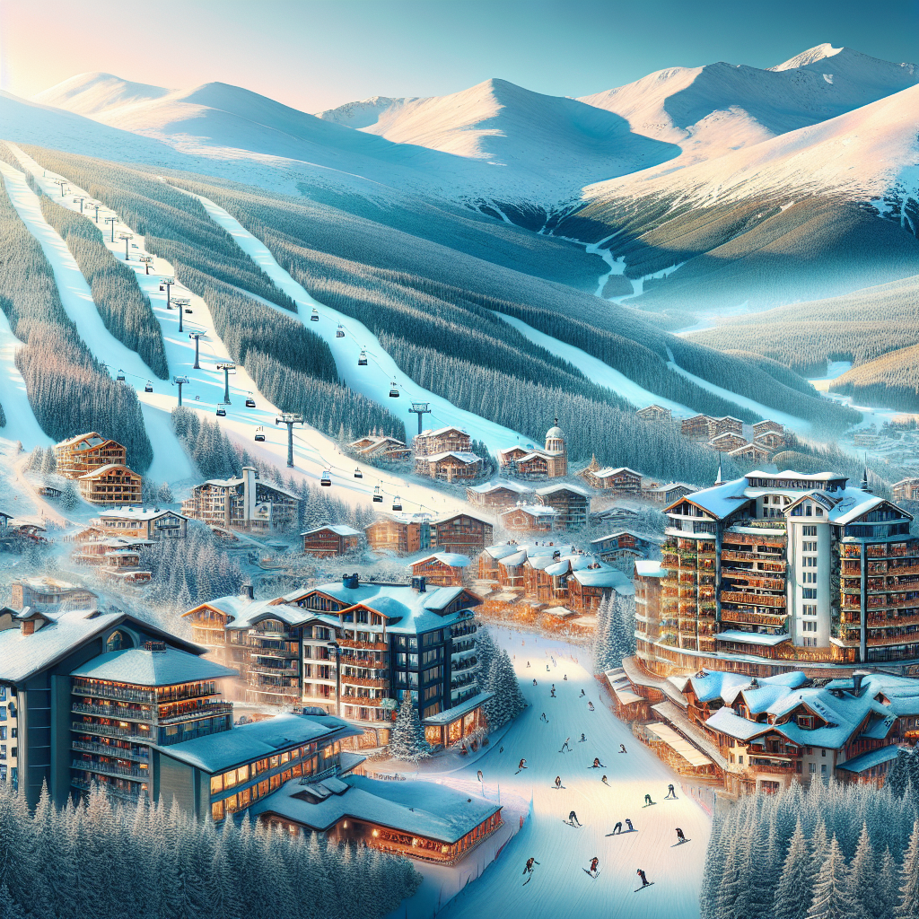 Ски писта Банско с планински пейзаж и скиори по снежни писти