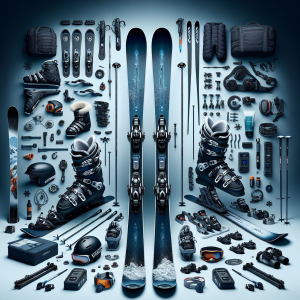 Разнообразно ски оборудване на снежен фон