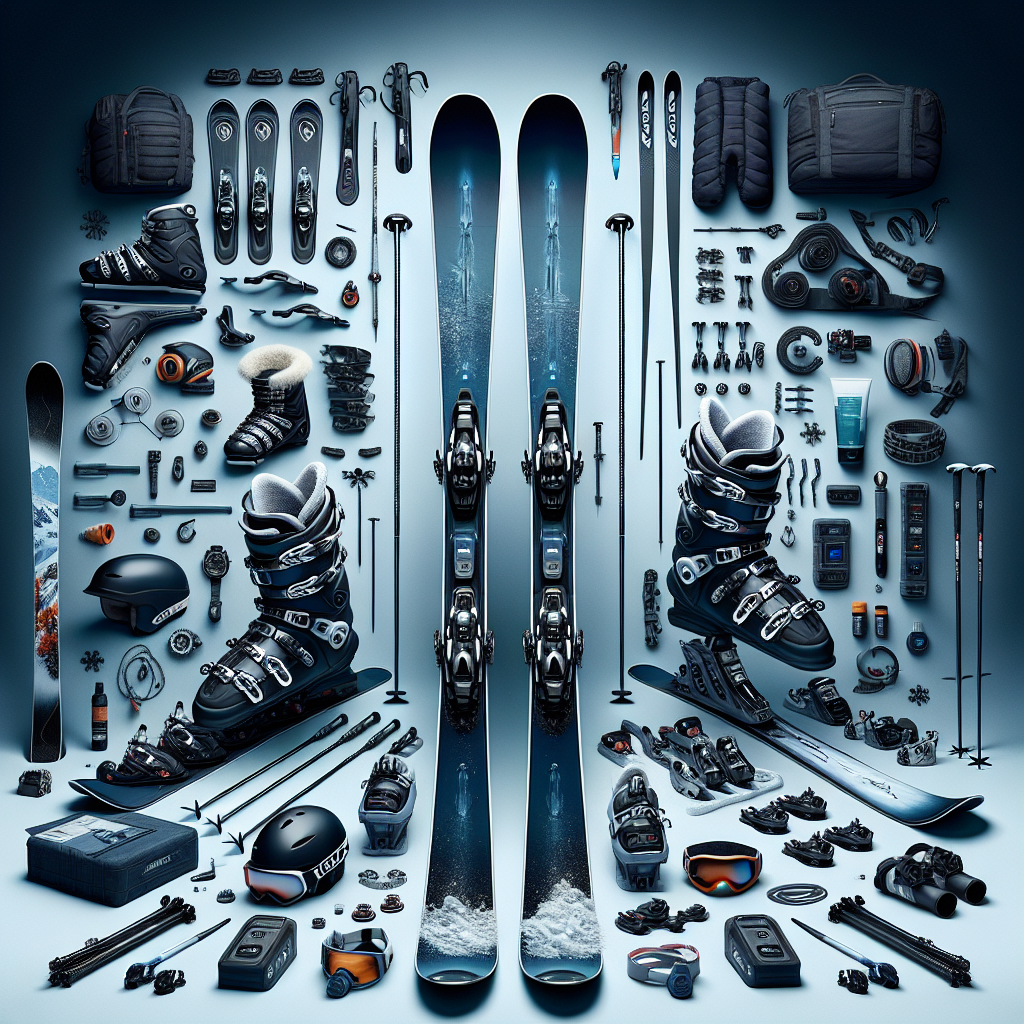 Разнообразно ски оборудване на снежен фон