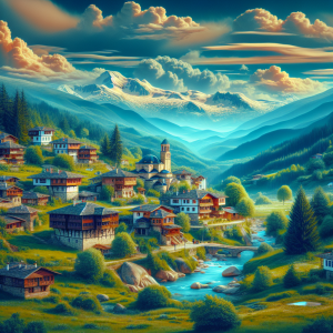 Добринище камера с изглед към планинското село и зелени поляни