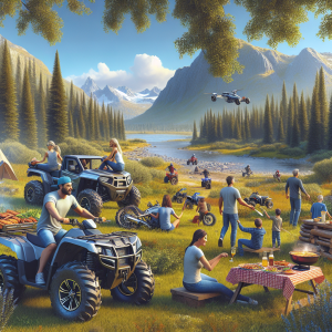Група хора кара ATV в планината като част от приключения за рожден ден или специален повод