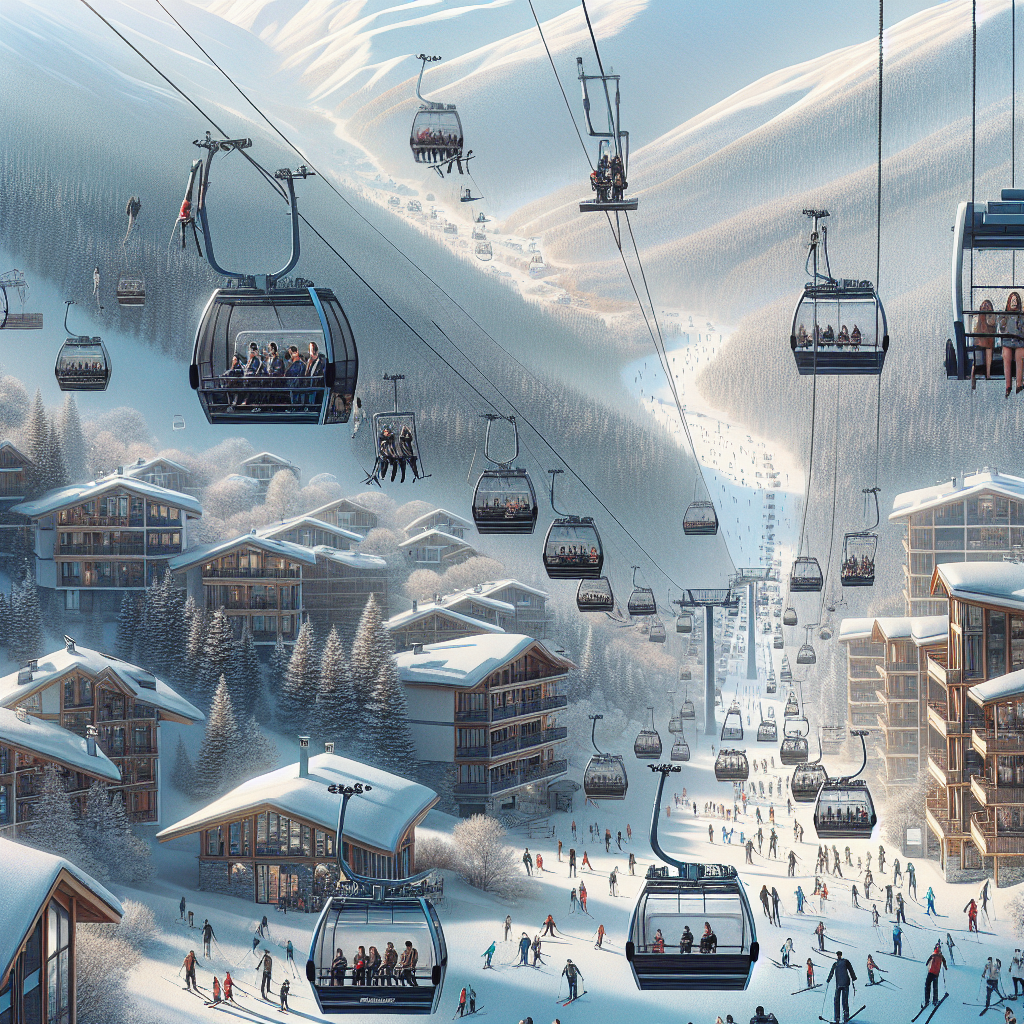 Кабинкови лифтове в Банско сред снежни върхове на Пирин планина