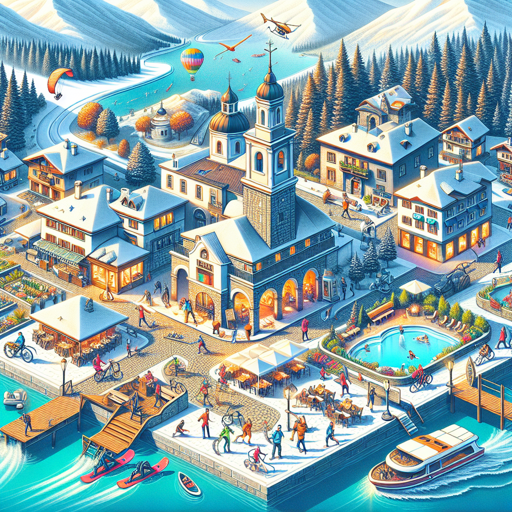 Планински пейзаж в Банско с активни туристи и скиори, и уютен стар град