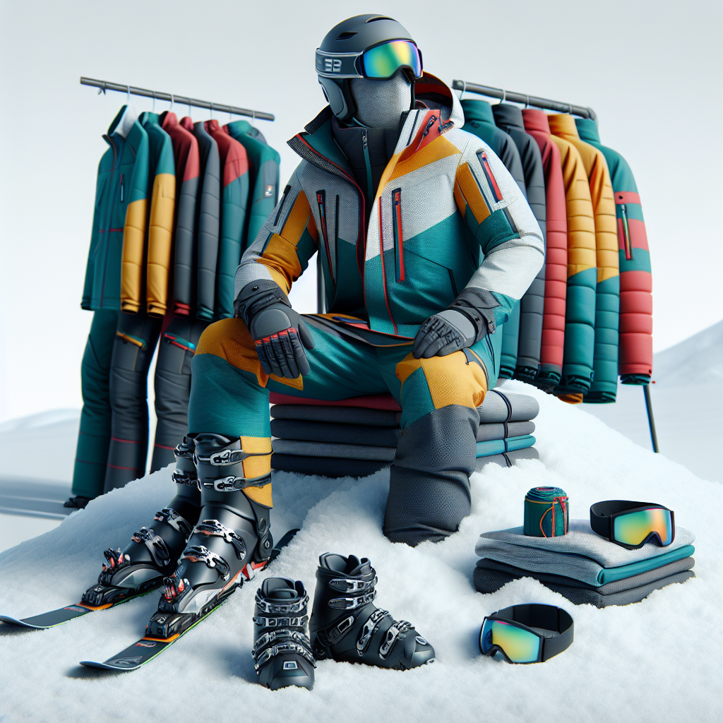 Ski outfit ски екип including jacket, pants, gloves, and helmet on snowy mountain