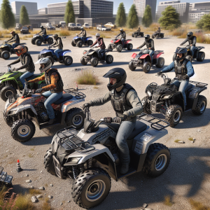 Начинаещ кара ATV по равен терен с подходяща екипировка, символ на увереност в първия ден на ATV разходка