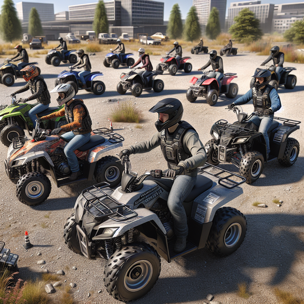 Начинаещ кара ATV по равен терен с подходяща екипировка, символ на увереност в първия ден на ATV разходка