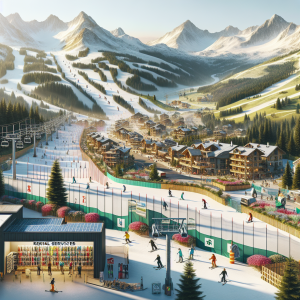 Beautiful ski piste (ски писта) with snow-covered slopes and ski lifts on a sunny winter day