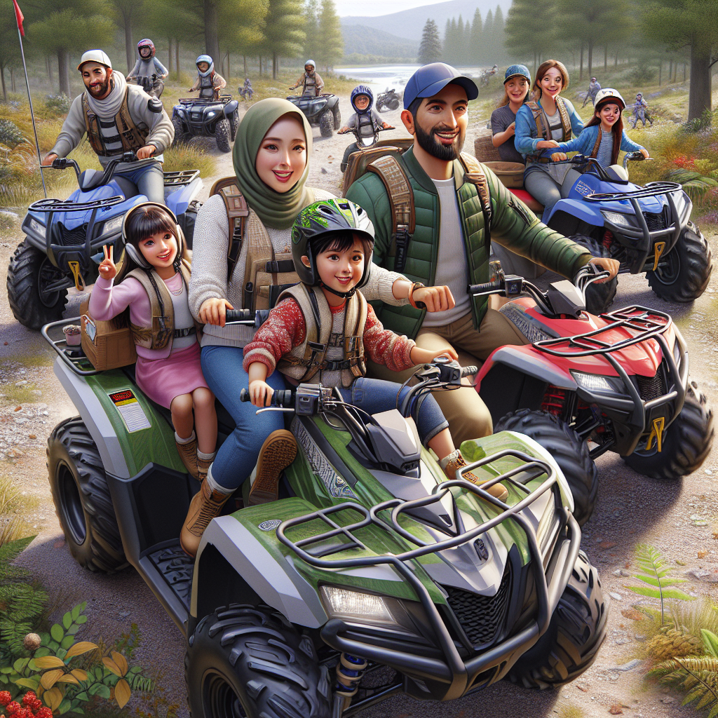 Семейство с деца, каращи ATV по безопасен и забавен маршрут сред природата