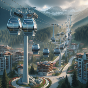 Кабинков лифт Банско на фона на заснежени планини и ясносиньо небе