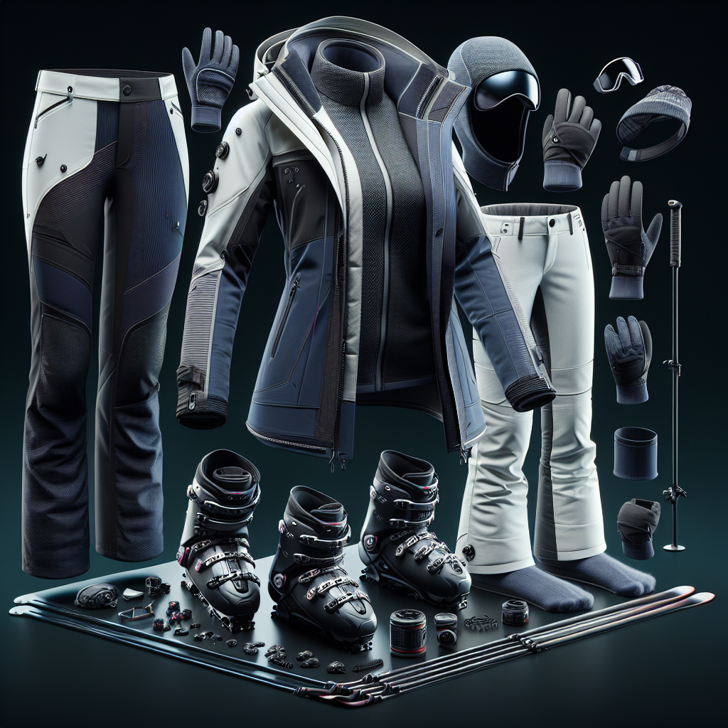 Жена в дамски ски екип на снежна планина скира с усмивка