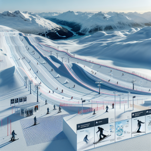 Вид на ски писта с добре поддържани писти и скиори