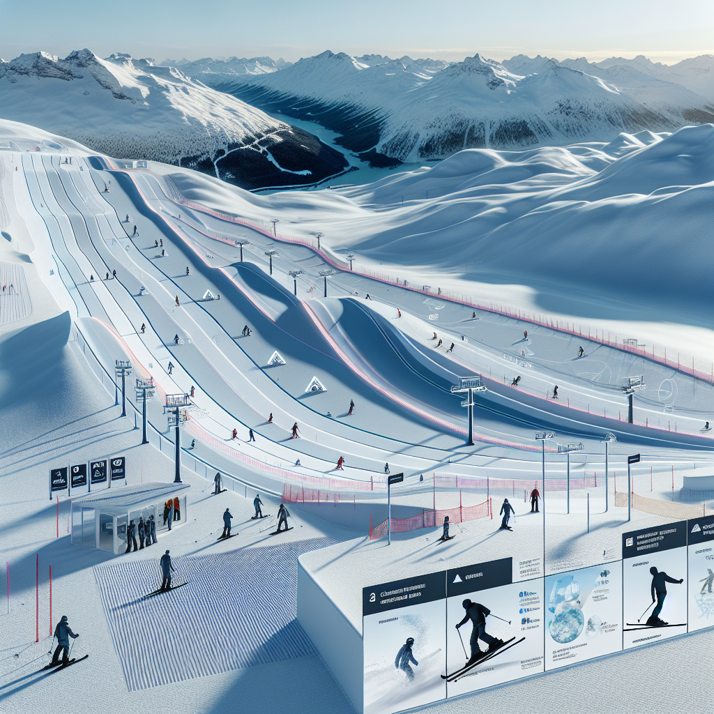 Вид на ски писта с добре поддържани писти и скиори