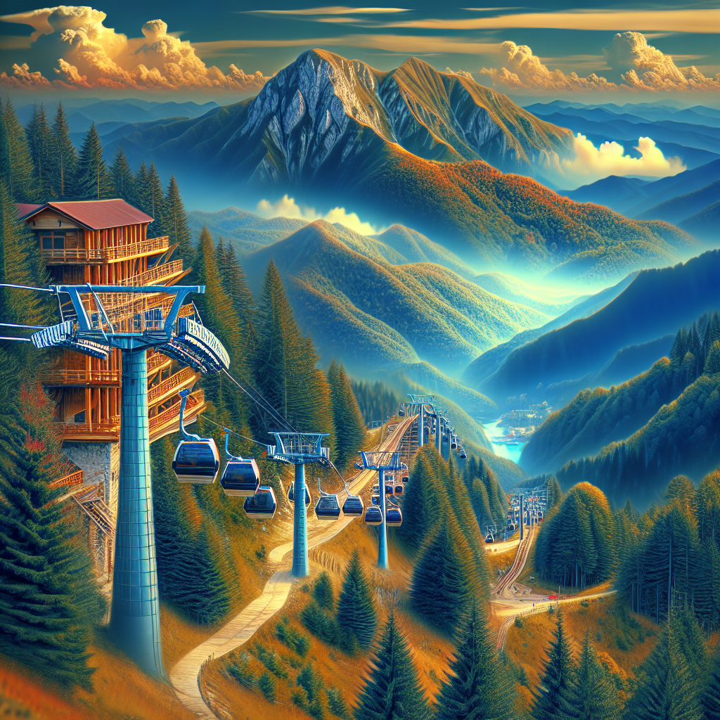 Лифт Добринище сред планински пейзаж с туристи