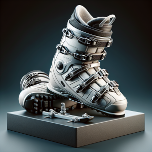 Ски обувки на скиор върху сняг, показващи комфорт и стабилност
