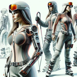 Жена облечена в стилен ски екип за жени, караща ски на планина