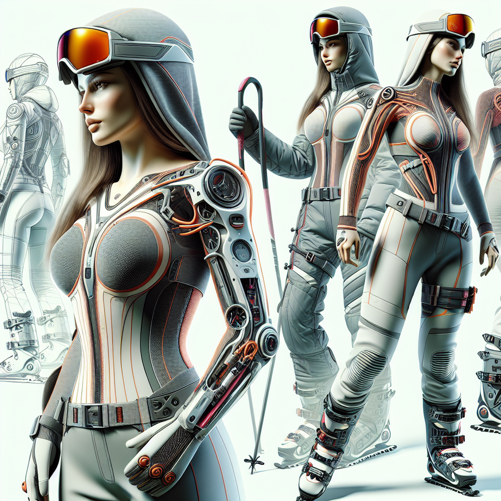 Жена облечена в стилен ски екип за жени, караща ски на планина