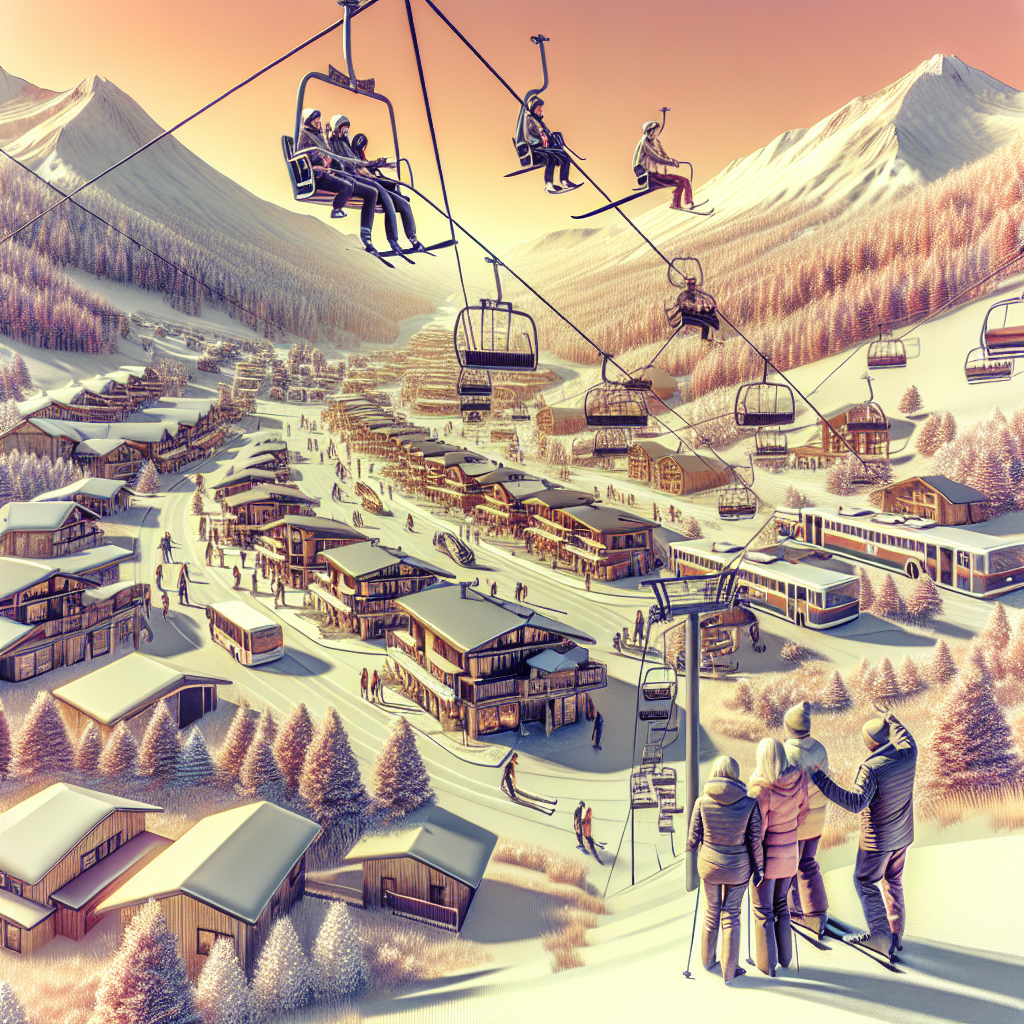 Скиори на Банско ски лифт гледка с планина и синьо небе