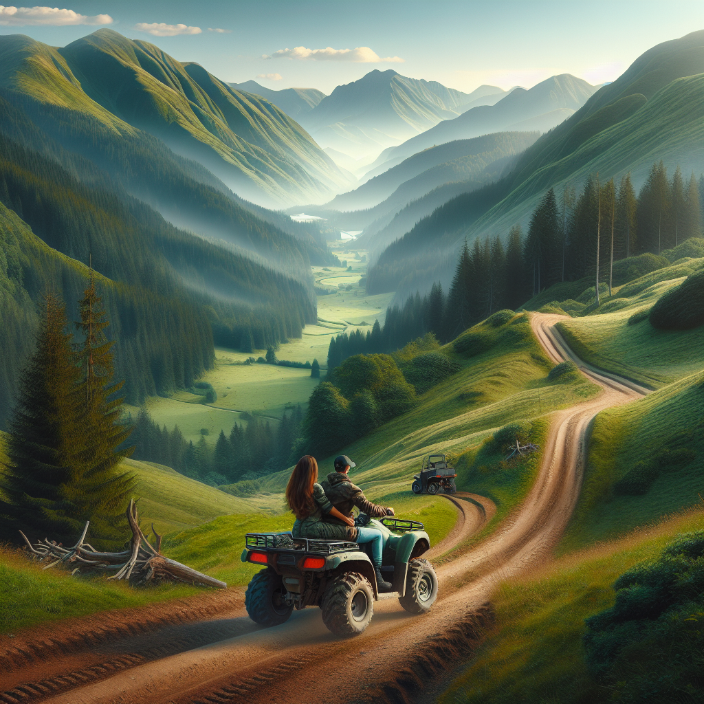Двойка, караща ATV в планината, наслаждаваща се на романтично приключение