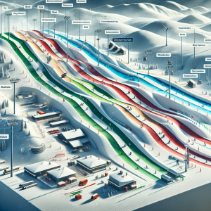 Панорамна гледка към ски писти с каращи скиори на слънчев зимен ден