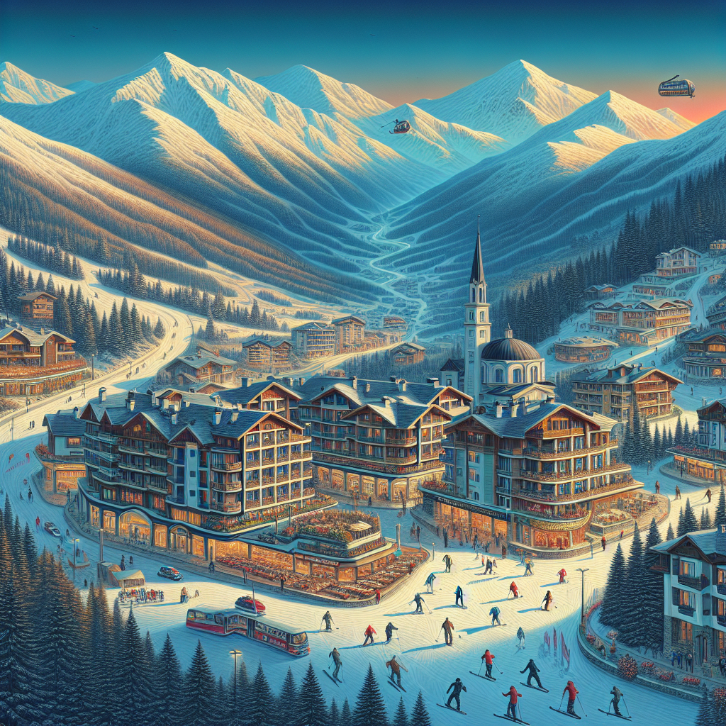 Панорамна гледка към покрити със сняг планини и ски писти в Банско