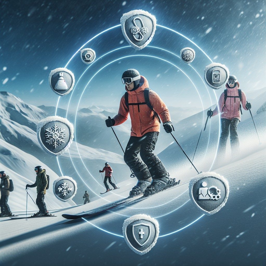 Планински пейзаж с скиори и символи на застраховка за зимни спортове