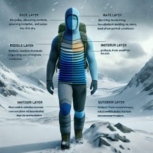 Човек облечен със слоеве зимни дрехи в сняг, показващ система за топлина без изпотяване