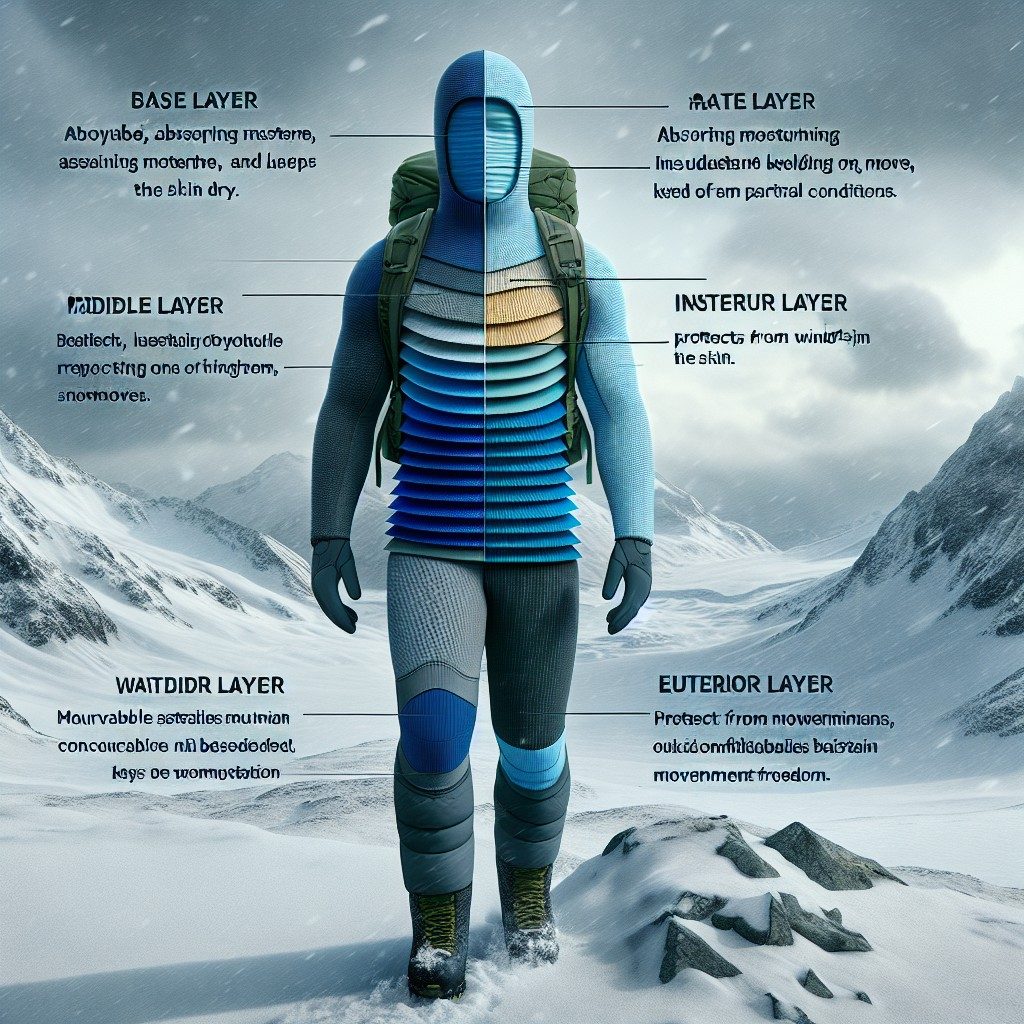Човек облечен със слоеве зимни дрехи в сняг, показващ система за топлина без изпотяване
