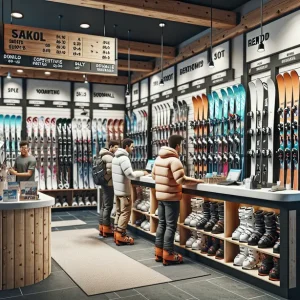 Ski rental equipment in Bansko with skis and boots ready for customers