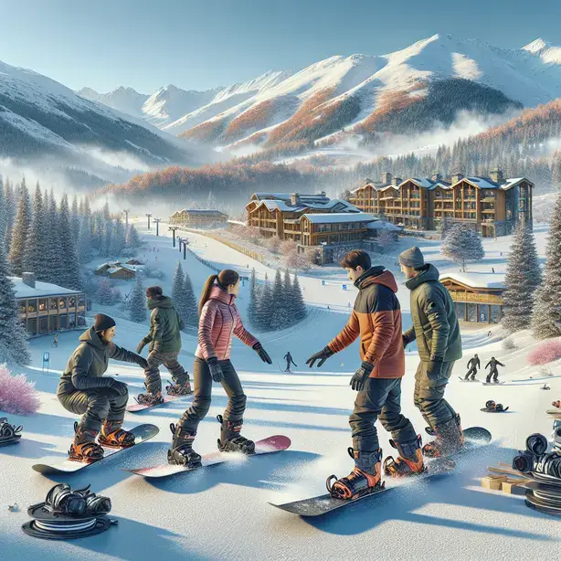 Instructor teaching snowboard lessons in Bansko snowy mountains